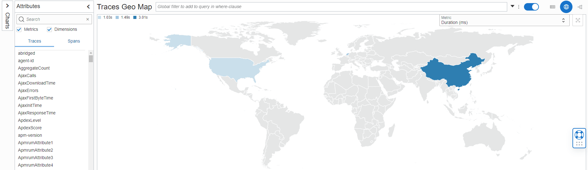 The GeoMap view toggle button, located on the top right hand side of the visualization panel The GeoMap view toggle button, located on the top right hand side of the visualization panel