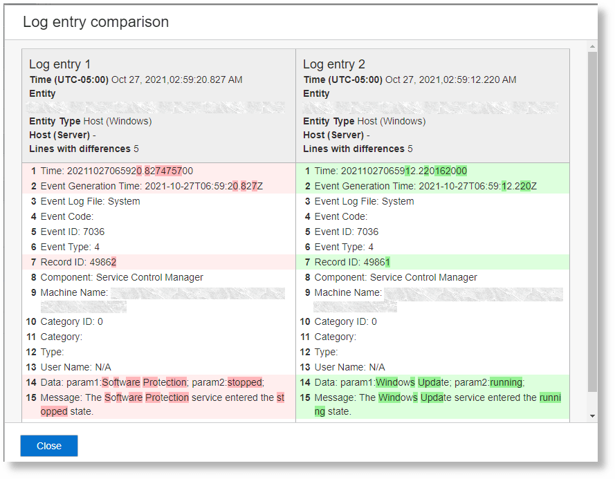 Compare log entries Compare log entries