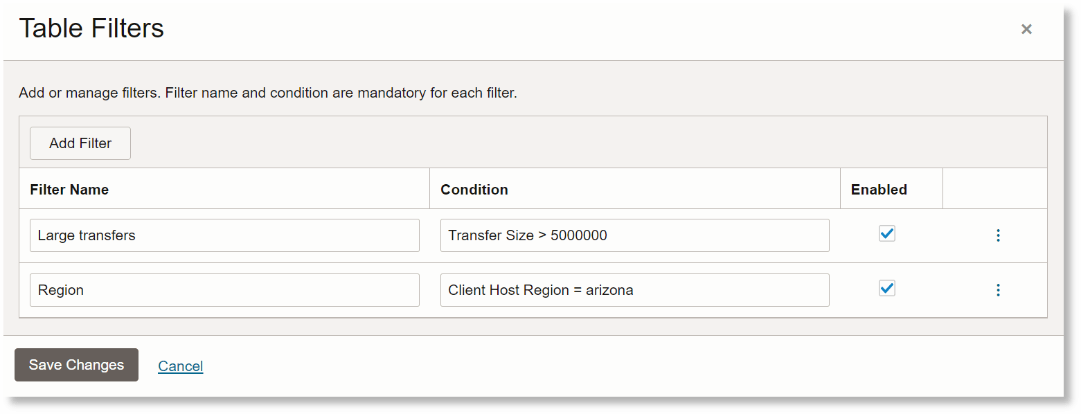 Table Filters dialog box Table Filters dialog box