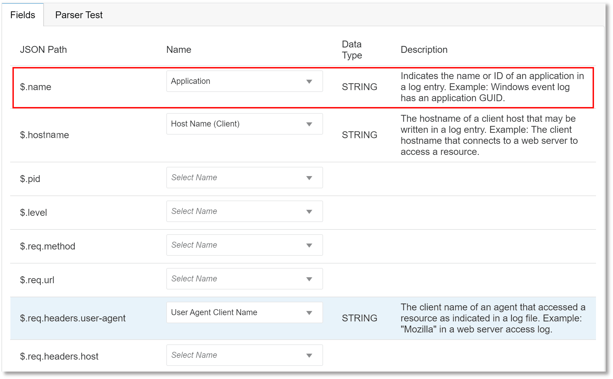 Fields tab: The columns displayed in the table are field number, JSON path, name, data type, and description Fields tab: The columns displayed in the table are field number, JSON path, name, data type, and description